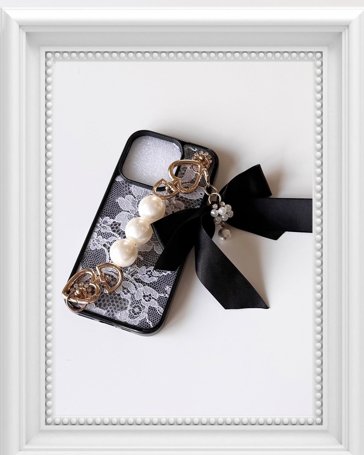 Hime. フランス製レースサテンリボンオーダー iPhoneケース｜ジャラジャラスマホ×大人可愛いパールハンドル付き（全機種Android対応）