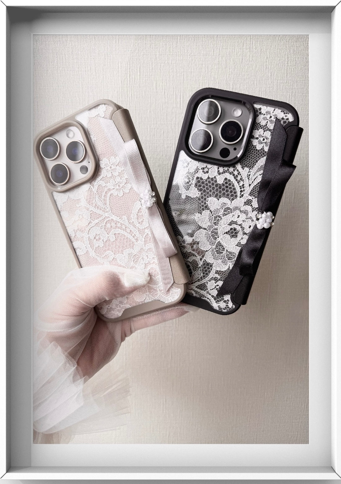 Hime. 内側マグネット内蔵リバーレース上品リボン手帳型オーダー iPhoneケース｜ちゃんと閉まるフリップケース